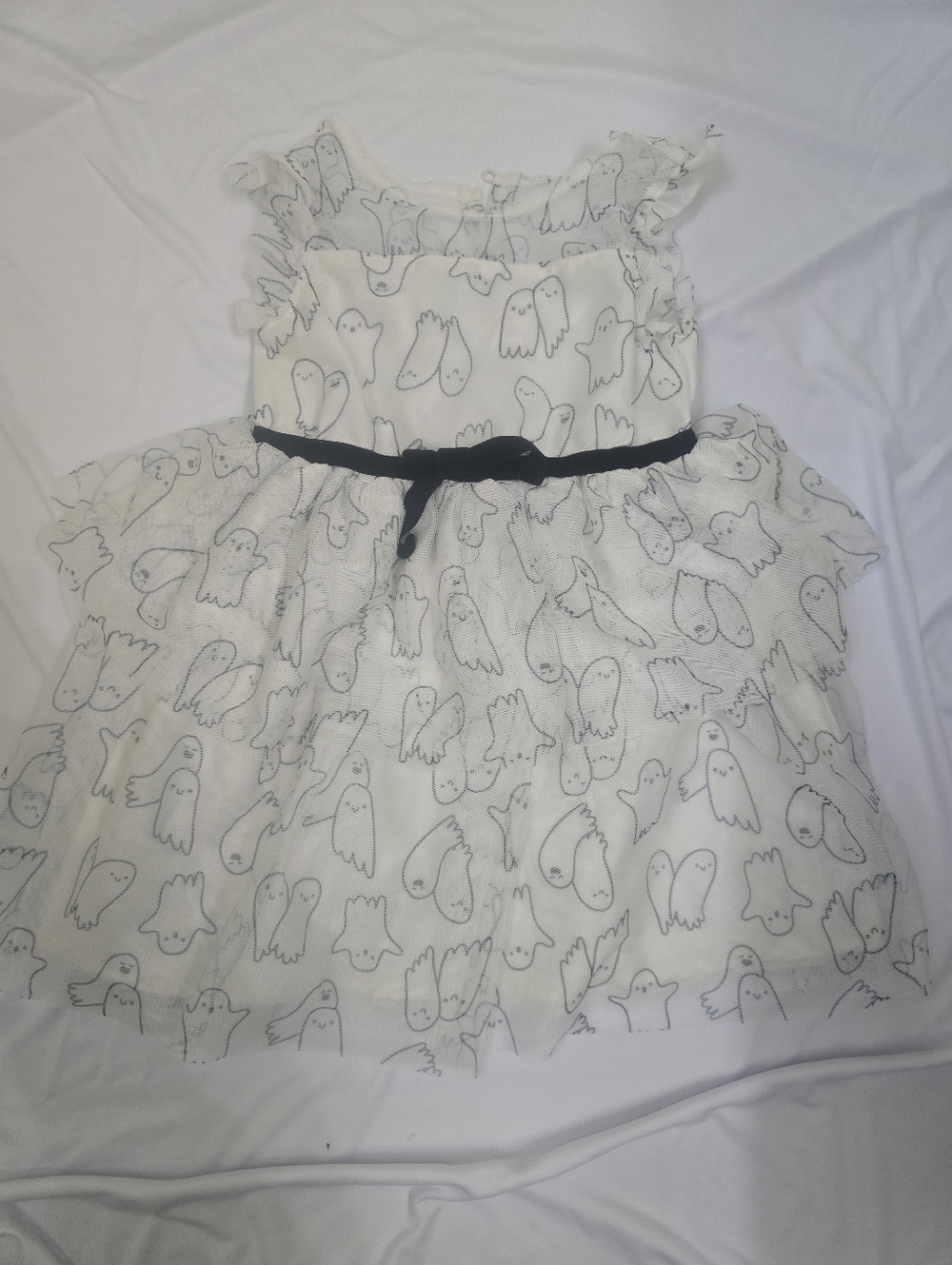 Kids Ghost Print White Dress with Black Belt